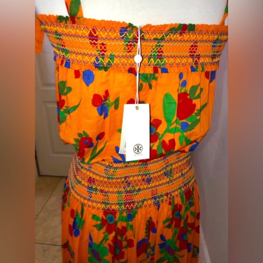 🎉HP🎉New! Tory Burch Orange Multi Toucan Tropical Smocked Dress Size L $448🌿🧡 - Picture 14 of 16